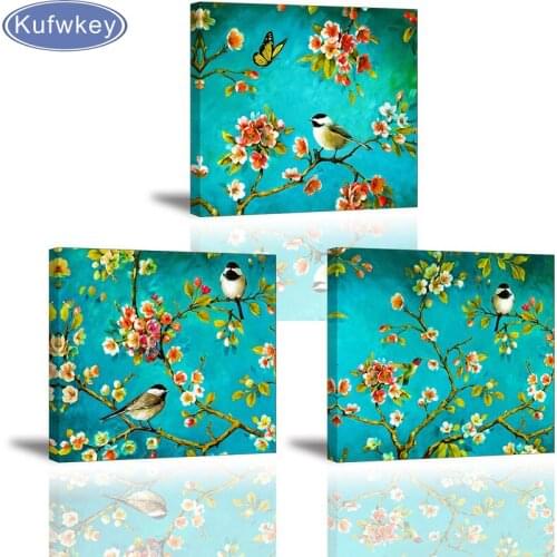 Spring Flowers Canvas Wall Art,3 Piece Birds on Blossom DIY Diamond Embroidery cross stitch Diamond Painting Diamond mosaic