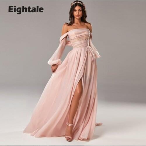 Eightale Baby Pink Prom Dresses 2021 Strapless Long Puff Sleeves Side Split Chiffon Long Elegant Evening Gown Party Dress