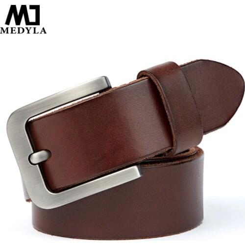MEDYLA Mens Belt Premium Original Leather Sturdy Metal Pin Buckle Jeans Belt for Men Vintage Design Brown Belt Mens Gift