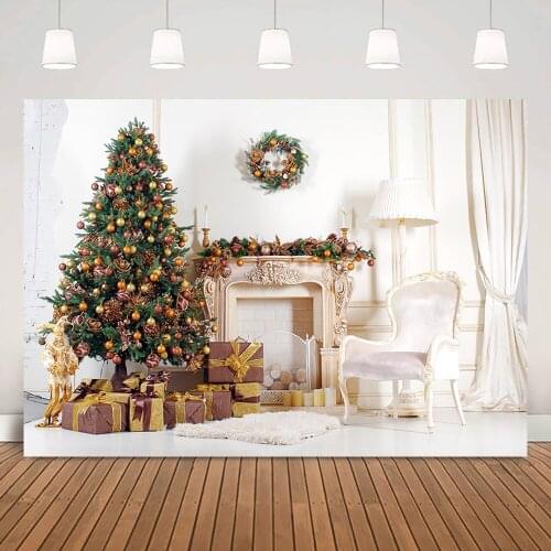 Christmas Background for Photography White Living Room Children Birthday Backdrop Fireplace Christmas Trees Wreath Photo Shoot