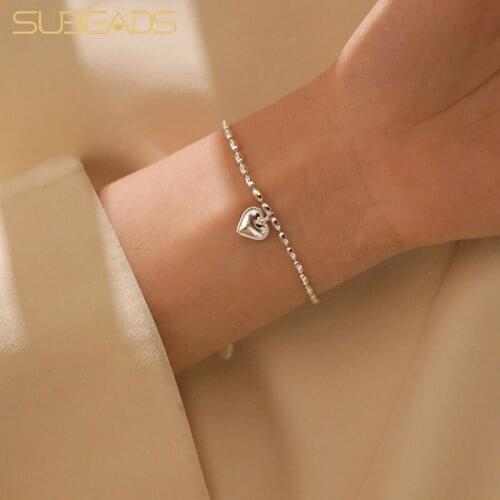 Subeads 925 Sterling Silver Rice Grain Love Charms Bracelet For Wife Friends Retro Sweet Peach Heart Chain Bracelet Fine Jewelry