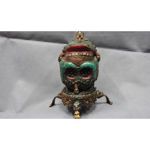 10 Tibet Buddhism Copper Bronze Gilt inlay turquoise Ruby beryl kapala skull cup 8.02