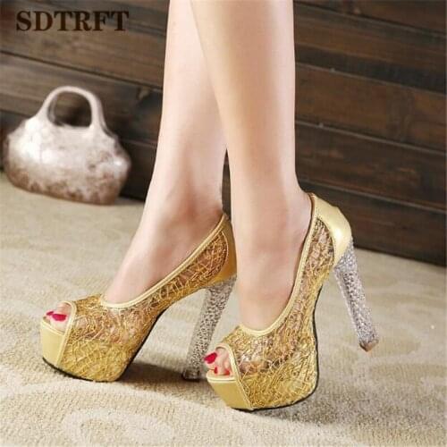 SDTRFT Bling Sequins Pumps Nightclub Platform shoes woman Transparent 14cm Thin heels zapatos mujer peep Toe feminino Stiletto