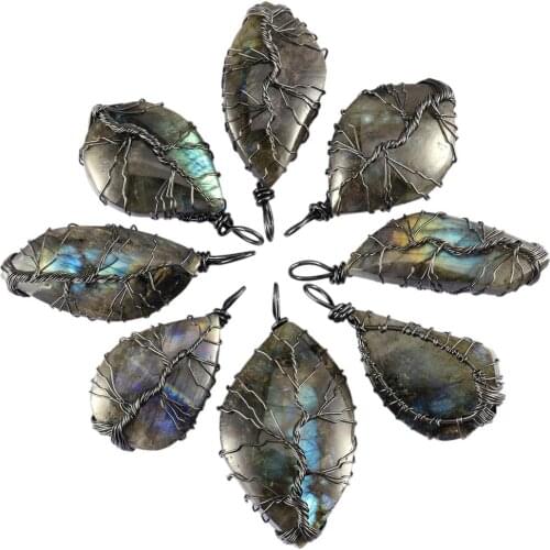 TUMBEELLUWA Wire Wrapped Tree of Life Irregular Labradorite Pendant for Necklace Healing Reiki Natural Stone Charms Jewelry