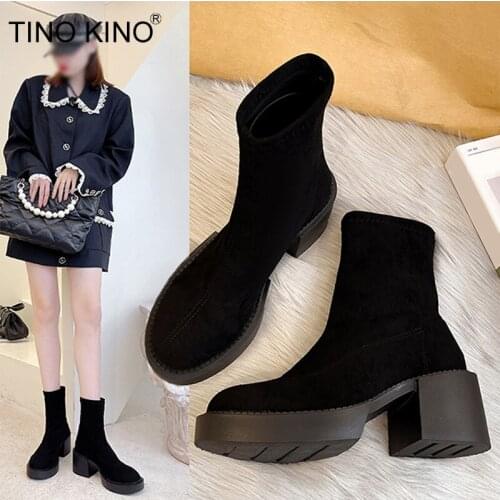 Women Boots Chunky Heels Suede Leather Ladies Shoes Autumn Fashion Female Short Booties 2021 High Quality Black Shoes Non-slip