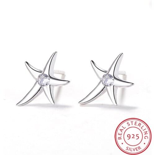 Cute Female White Round Zircon Earring 925 Sterling Silver Wedding Earrings For Women Charm Crystal Sea Star Stud Earrings