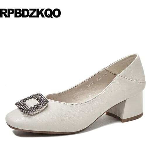 Pumps slip on brand women shoes 2019 size 4 34 square toe beige fashion block black thick genuine leather medium heels chunky