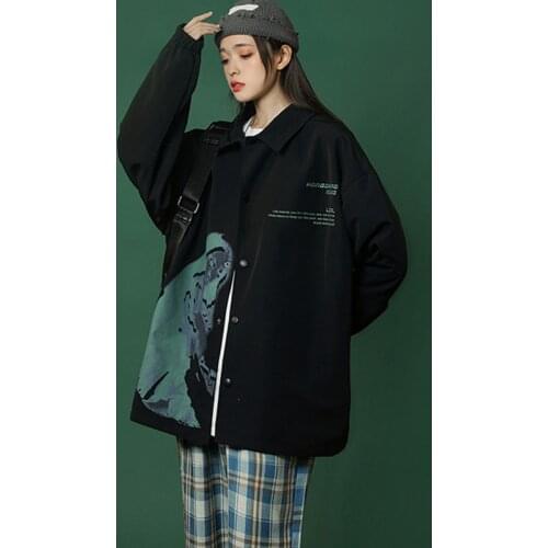 Oversized Print Jackets Women Vintage Japan Style Harajuku Streetwear Windbreaker Casual Hip Hop Bomber Jacket Outwears