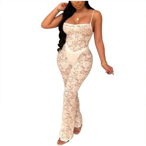 Women Lace Long Sleeve Jumpsuit Romper Strappy Sexy Floral See through look Clubwear Playsuit Bodycon Party Trousers