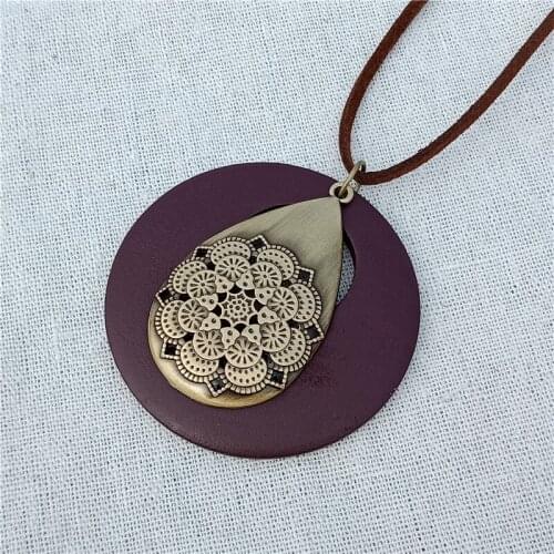 Retro Alloy Wood Pendant Necklace Chain Handmade Jewelry Ethnic Hollow Pattern Long Necklace for Women Gift Colar 2018