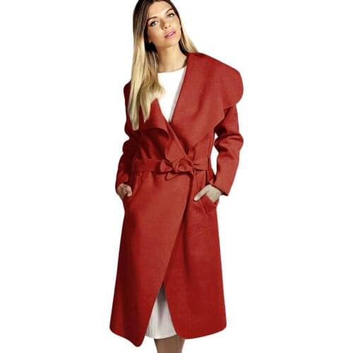 2018 Winter Coat Women Wide Lapel Belt Pocket Wool Blend Coat Oversize Long Red Trench Coat Outwear Wool Coat Women 4 Size 4 col