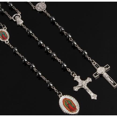 6mm hematite rosary small long chain necklace male and female prayer rosary Catholic chotk Jesus Christ cross necklace.48pcs