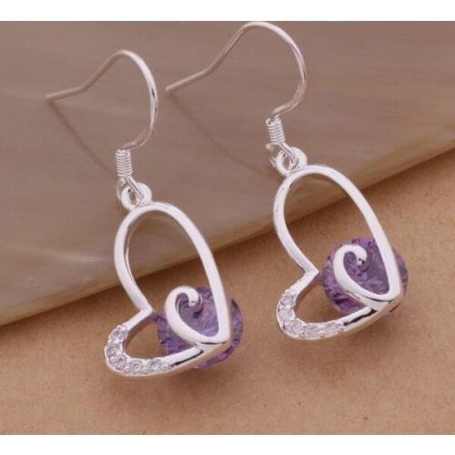 AE130 Lucky Silver Color Earrings For Women Jewelry Women Accessories Elegant Heart Inlaid Purple Stone /akuajcba Aieaizla