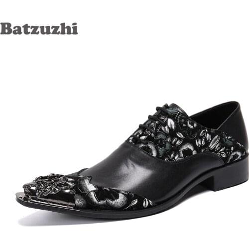 Batzuzhi Black Genuine Leather Dress Shoes Men Formal Business Mens Shoes Pointed Metal Toe Business/Party zapatos de hombre