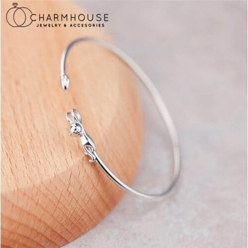 Pure Silver Cuff Bangles For Women Cute Cate Charm Bracelet & Bangle Adjustable Pulseira Femme Wristband Retro Jewelry Accesorie
