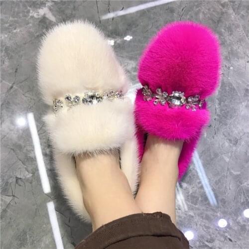 European Station 2021 New Fashion Fur Flat Shoes 100% Luxury Mink Fur Shoes Furry Warm Shoes