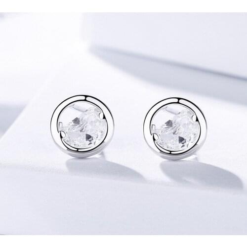 FNJ Round Earrings 925 Silver Jewelry Original Pure S925 Sterling Silver Stud Earring for Women White Zircon