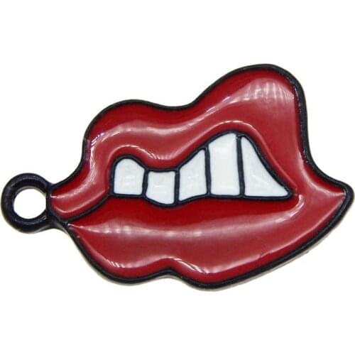 Julie Wang 5PCS Enamel Red Lip Charms Spray Paint Sexy Mouth Alloy Black Tone Necklace Findings DIY Jewelry Making Accessory
