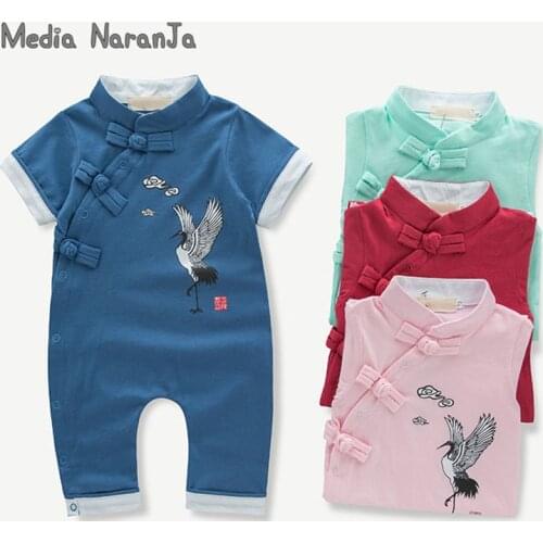 Baby toddler costume infant Chinese style cranes summer short sleeve side buckle romper red pink blue jumpsuit clothes