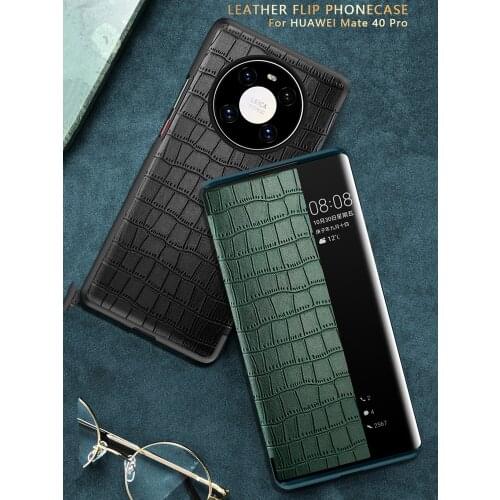 Crocodile Smart View Leather Flip Cover Case For Huawei Mate 40 Pro Plus RS Mate 30 Mate 20 P50 P40 P30 Pro