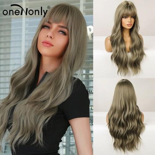 OneNonly Long Gray Green Wigs with Bangs Natural Wave Heat Resistant Wavy Hair Synthetic Wig for Women Daliy Cosplay Lolita