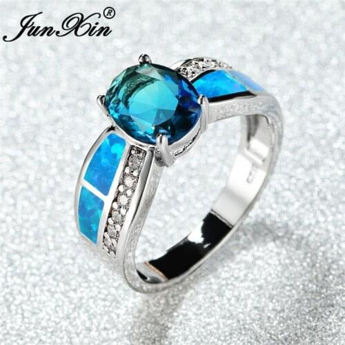 Luxury Blue White Fire Opal Ring Silver Color Rainbow Crystal Oval Stone Rings For Women Engagement Wedding Bands Jewelry Cz