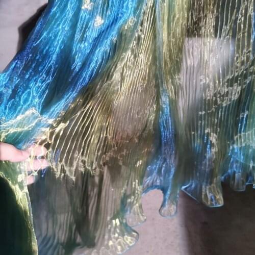 Wide 145cm Illusion Blue Yellow Organza Pleated Big Wave Laser Eugene Yarn Designer DIY Women Dress Tulle Fabric Telas Por Metro
