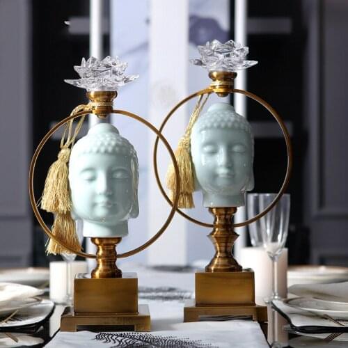 Modern Home Living Room Desktop Decor Accessories Crystal Lotus Candle Holder Zen Ceramic Buddha Statue Soft Decoration Ornament