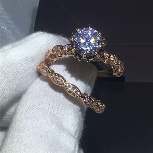 Vintage Flower ring Engagement Wedding Band Rings for women 8mm AAAAA zircon cz Rose Gold Filled 925 silver Bridal sets Jewelry