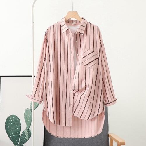 Striped Shirts Womens 2021 Spring New In Casual Long Sleeve Cotton Tops Female Button Up Shirts With Pocket Korean Fashion Tops