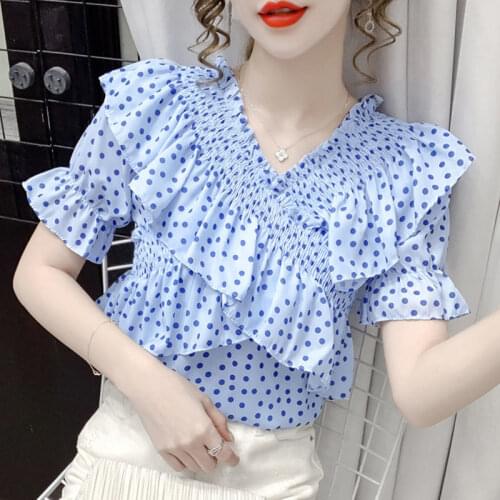 Gentle wind wave point chiffon shirt womens summer 2021 new fashion all-match cross ruffled v-neck blouse trend