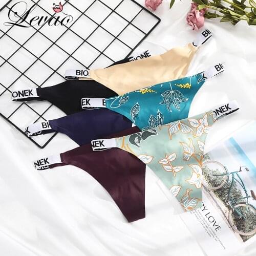 LEVAO New Women Solid Color Printed Thong-G-String Female Letter Belt Panties Ice Silk Pure Cotton Comfortable Womens Underwear