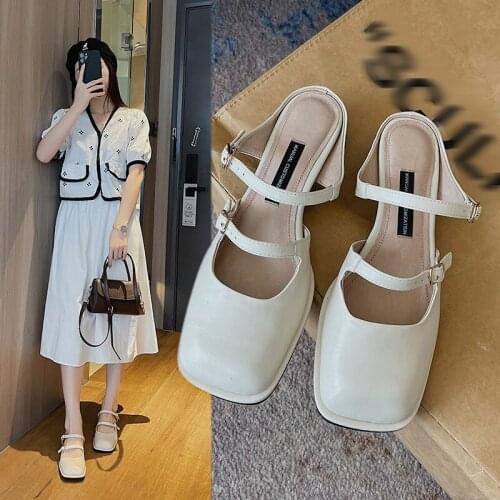 Womens Flat Shoes, Casual Mules in Korean Style for Lazy People, Backless Chunky Heel Square Toe Flats