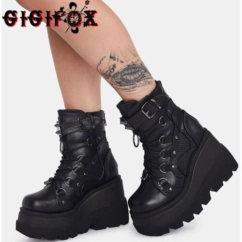 GIGIFOX Brand Fashion Gothic Big Size 43 High Heels Black Back Zipper Ankle Platform Boots Street Cool Woman Wedges Shoes
