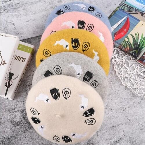 Halloween hat beret hat Women wool warm beanie hat autumn and winter painter hats embroidery woolen cap holiday funny hat