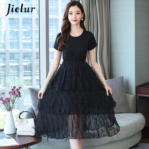 Jielur White Women Dress Ladies O-neck Hipster Solid Color Woman Dresses S-XXL Short Sleeve Mesh Abiti Donna Black Summer Dress