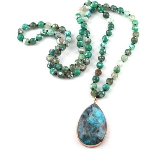 New Fashion Bohemian Jewelry Natural Stone Green Dot Knotted Stone Drop Pendant Women Necklace