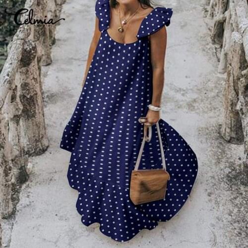 Celmia Women Ruffled Sundress Summer Casual Stitching A-line Maxi Dress 2021 Fashion Sleeveless Polka Dot Holiday Long Vestidos