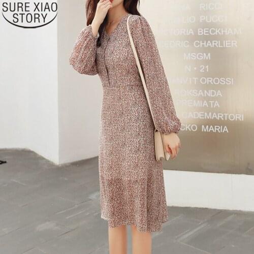 Midi Vintage Empire Red Party Dress Women Chiffon Dress Long Lantern Sleeve V-neck Casual Floral Print Dresses Vestidos 8566 50