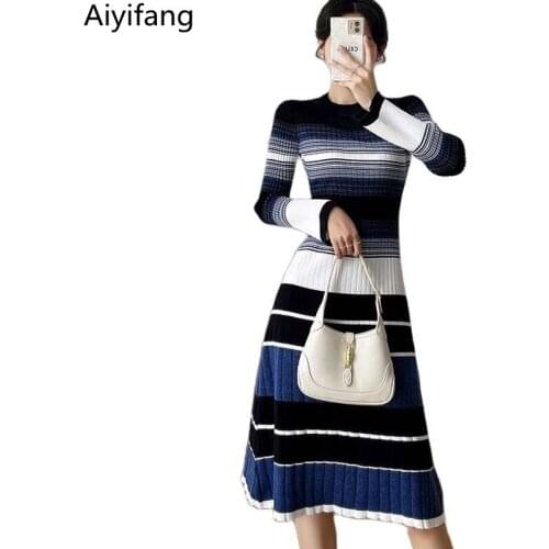 New Autumn Ladies Vintage Elegant Knitting Striped Dress Runway Women Hit Color Long Sleeve Elasticity Sweater Knit Long Dresses