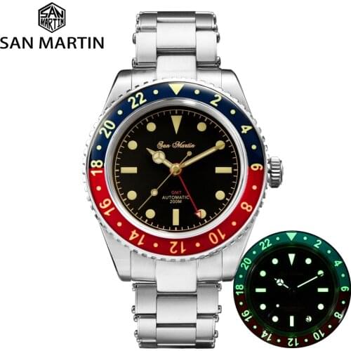 San Martin Retro GMT Dive Watch Sapphire Rivet Bracelet Water Ghost Men Automatic Mechanical Watch 200M Waterproof Luminous