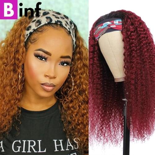Jerry Curly Headband Wig Human Hair Wigs For Women Ombre Blonde T1B/30 T1B/99J Colorful Full Machine Made Wig Remy Glueless Wig