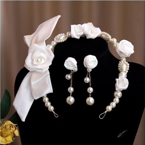 French Elegant Satin Rose-tie Bow Hair Hoop Bride Headdress Earrings Set Wedding Hair Jewelry Hair Bride