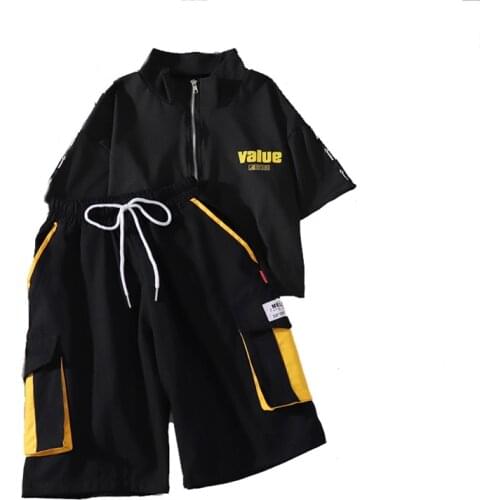 Haraju BL Loose High Waist five Pionts Cargo Shorts 2 Piece Suit for Women Streetwear Loose 2 Piece Cargo Shorts+T Shirts