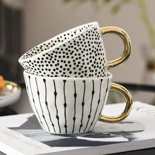 Creative Geometric Ceramic Cup with Gold Handle Handmade Coffee Cup Gilded Irregular Milk Tea Cup Unique Gift Office
