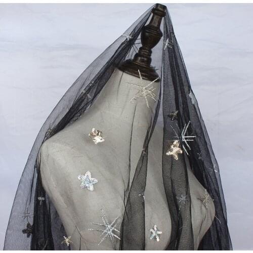 Fashion glitzy sequins embroidered gold silver starfish on mesh fabric by yard