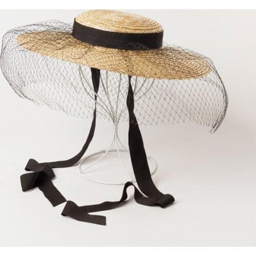 Fashion Flat-top Wide Brim Lace Mesh Decorative Natural Wheat Straw Top Hat Elegant Ladies Stage Catwalk Sun Hat Sombrero Fedora