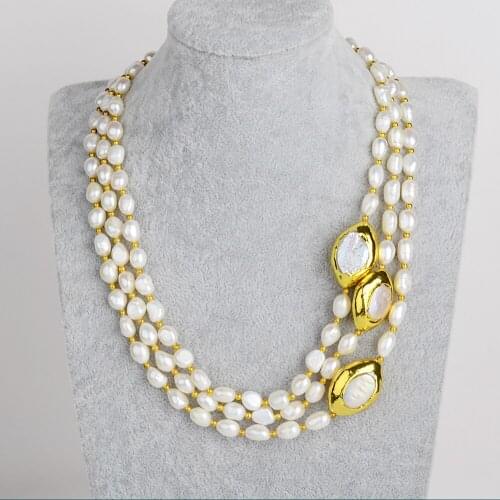 20" 3 Strands Cultured Baroque Pearl Necklace Keshi Pearl Golden Plated Connector