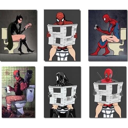 Canvas Prints Toilet Spider-Man Deadpool Reading Newspaper Posters and Bathroom Decorative Wall Art Paintings Anime Poster