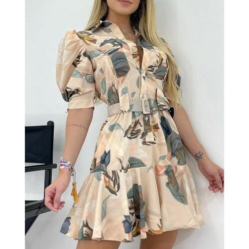 Summer Floral Print Dress Women Puff Short Sleeve Turn-down Collar Casual Dress Women Sashes Casual Daily Work Dress Vestidos
